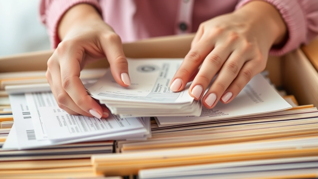 taxes meme - 
Close-up of hands organizing financial papers and receipts in organized file fo