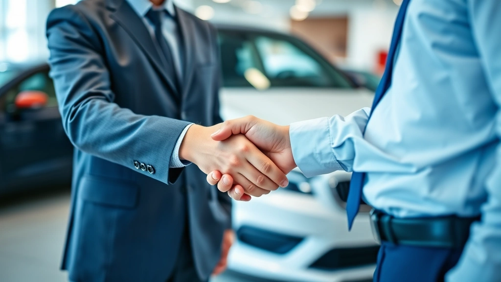 taxes on cars in south carolina - 
Person shaking hands with car salesman in dealership showroom with vehicle in b