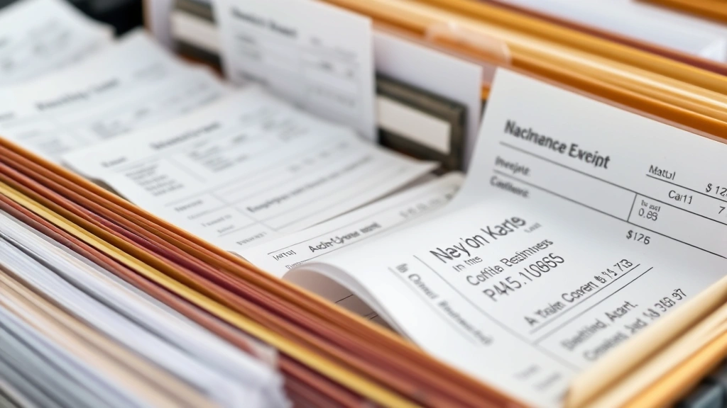 tennessee business tax - 
Close-up of organized business expense receipts and invoices filed in folders f