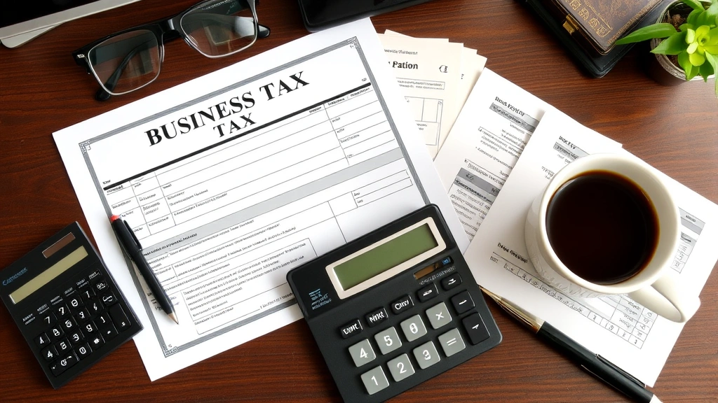 tennessee business tax - 
Desk workspace with business license, tax forms, calculator, and coffee cup rep