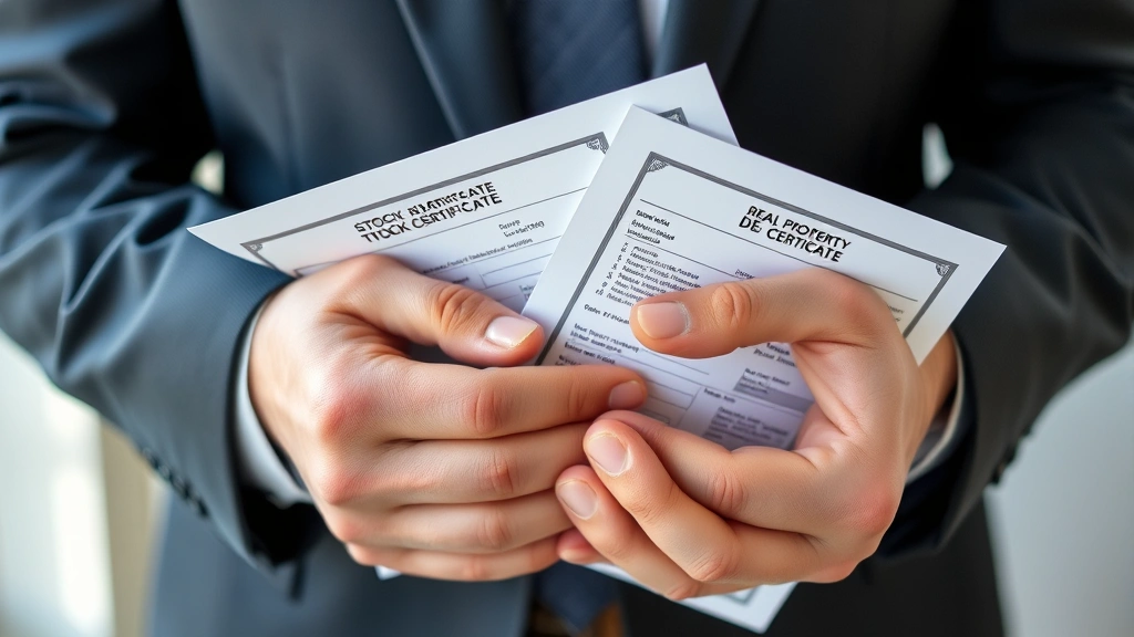 texas capital gains tax - 
Close-up of hands holding stock certificates and real estate property deed pape