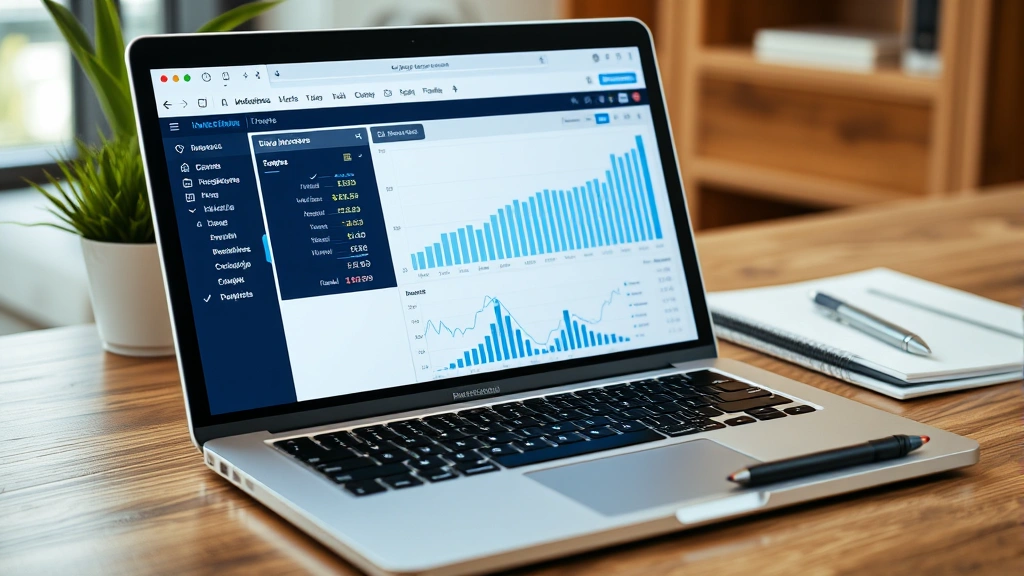 texas capital gains tax - 
Laptop screen showing investment dashboard with upward trending charts, noteboo
