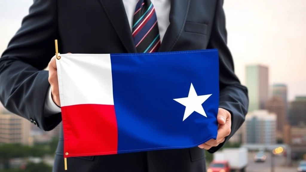 texas capital gains tax - 
Businessman in suit holding Texas flag with Dallas skyline in soft focus backgr