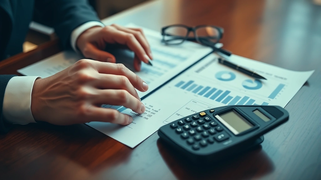 texas estate tax -
Close-up of hands reviewing financial documents and calculator on mahogany desk
