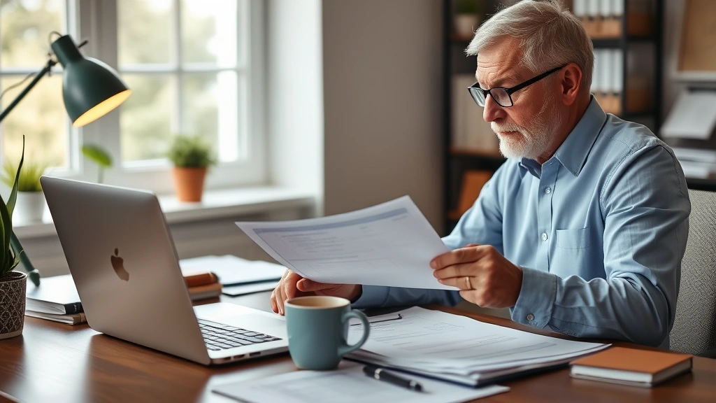 texas estate tax -
Older gentleman reviewing documents at desk with laptop, reading glasses, coffe