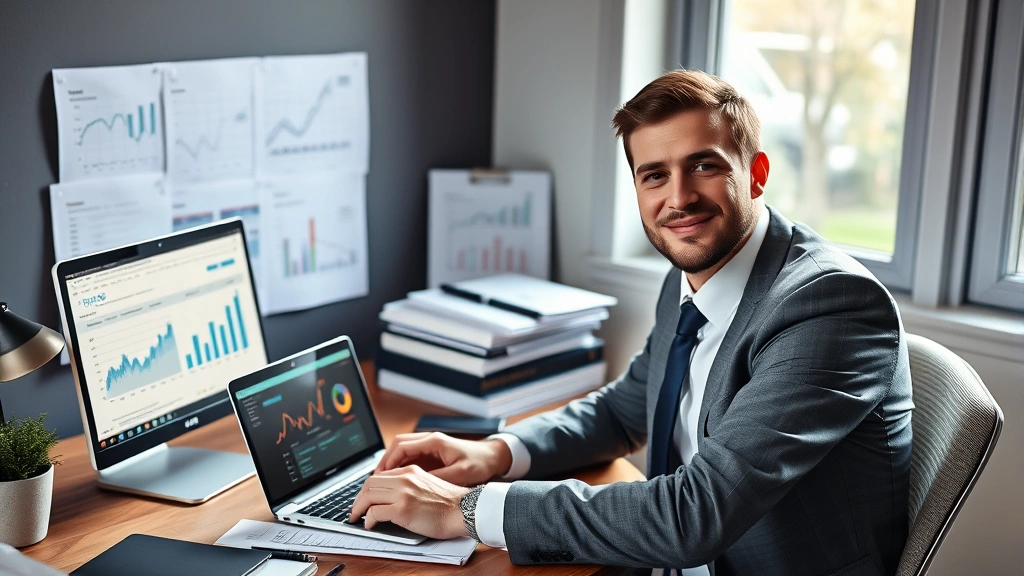 tom wheelwright tax free wealth - 
Business owner at desk with financial charts and documents, laptop showing tax 