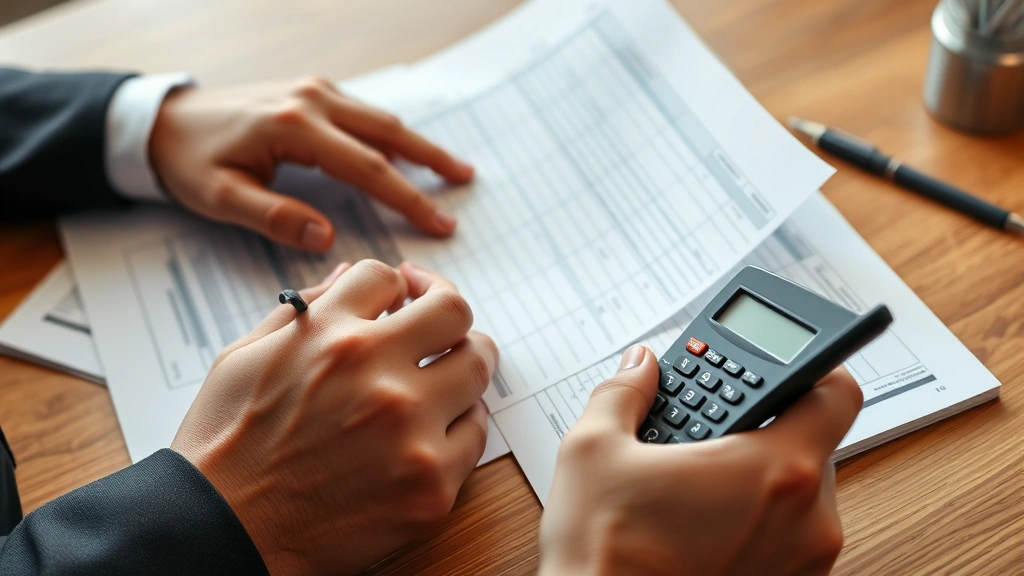 tom wheelwright tax free wealth - 
Close-up of hands reviewing financial statements and tax forms, calculator visi