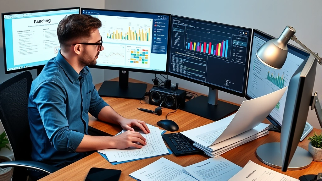 tom wheelwright tax free wealth - 
Entrepreneur at computer reviewing business structure documents, multiple scree