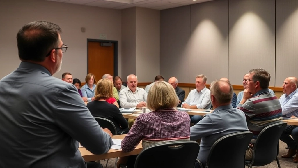 town of brookhaven taxes - 
Diverse group in town hall meeting room discussing property tax policy, engaged