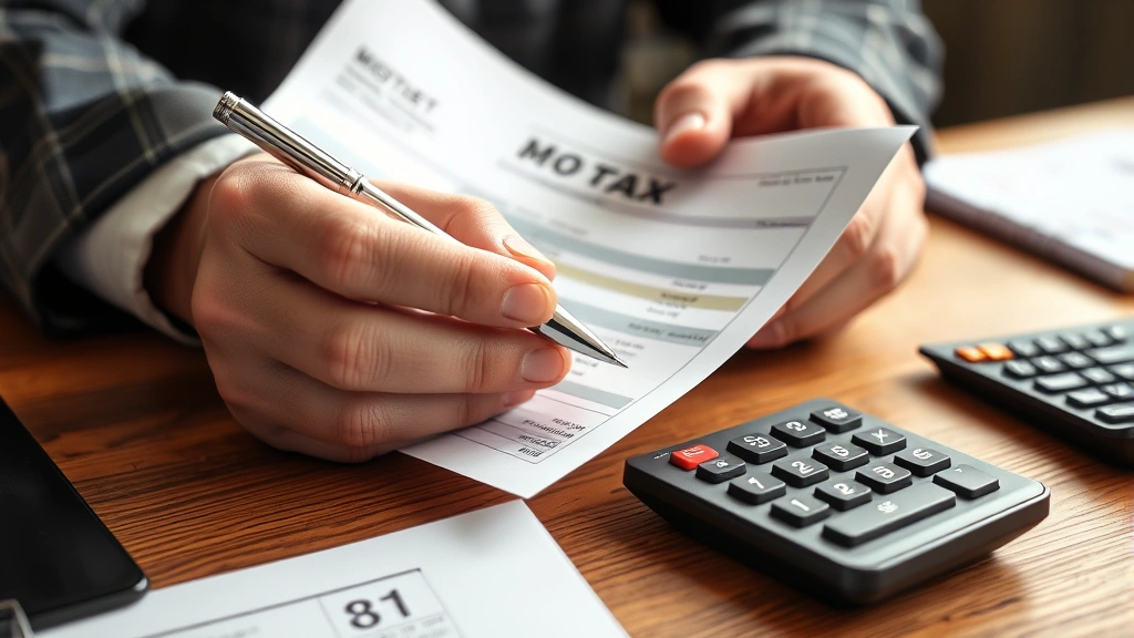 town of north hempstead taxes - 
Close-up of hands holding property tax bill and pen, calculator visible, wooden