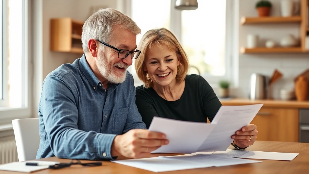 town of north hempstead taxes - 
Senior couple reviewing financial documents together at kitchen table, smiling,