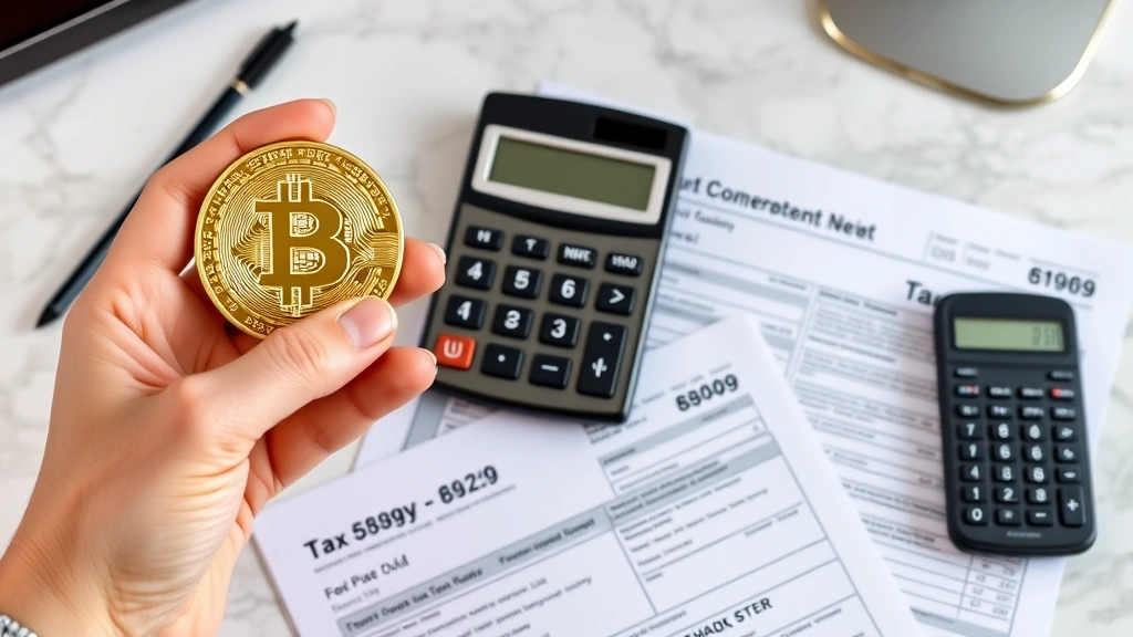 trump crypto tax - 
Close-up of hands holding Bitcoin and calculator with tax documents and Form 89