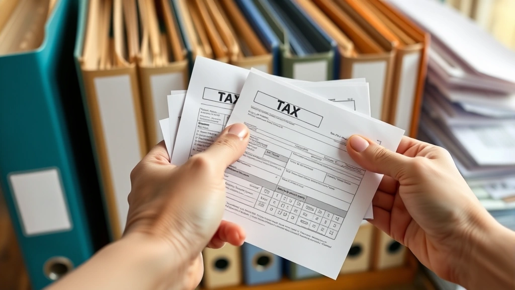 uncertain tax positions - 
Close-up of hands holding tax forms and documentation with organized file folde