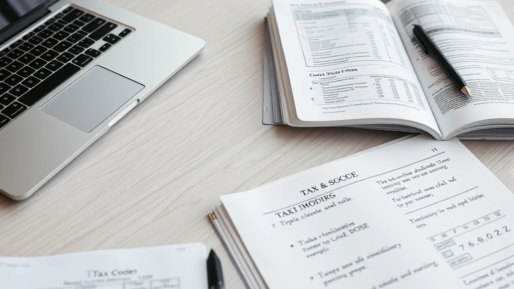 uncertain tax positions - 
Detailed view of desk with tax code books, laptop, and handwritten notes about 
