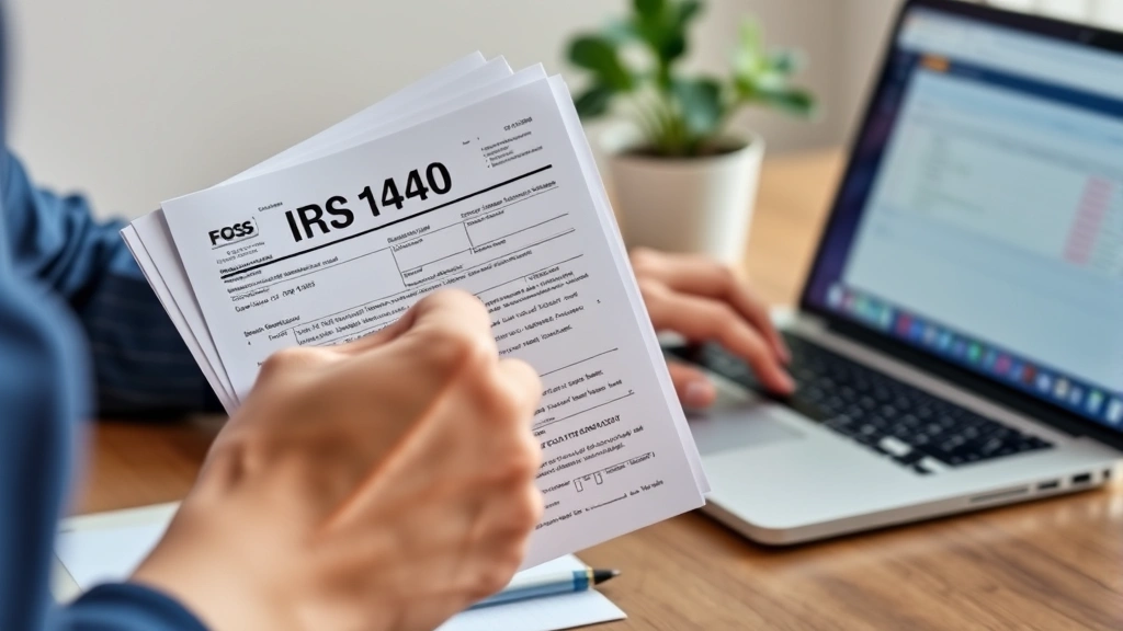 unfiled tax returns - 
Close-up of hands holding IRS form 1040 and documents, person at desk with lapt