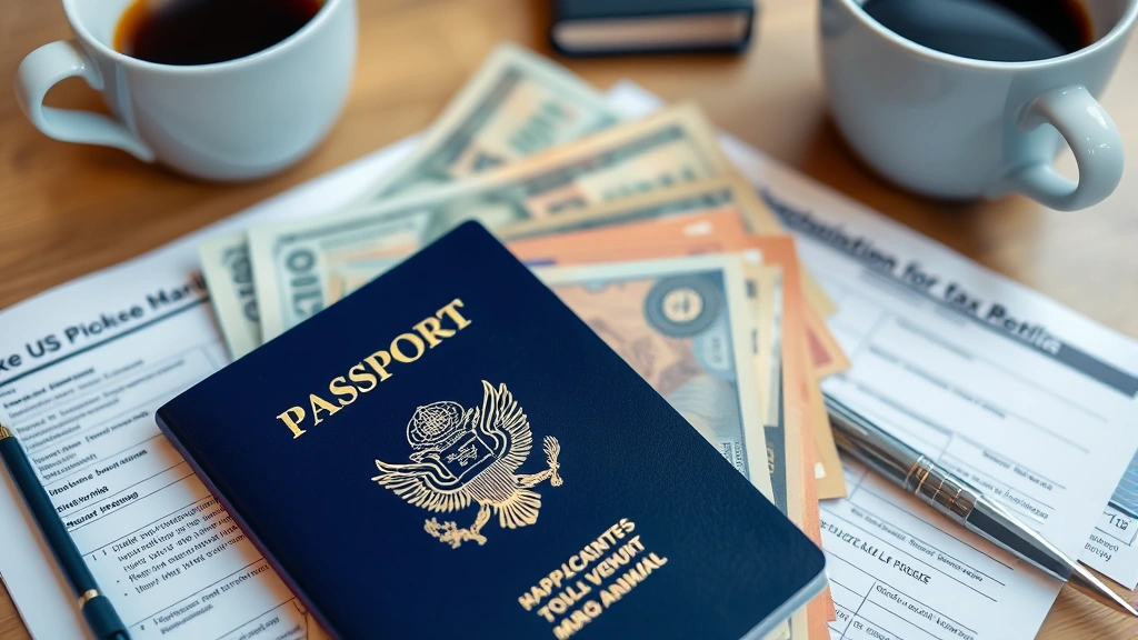 us foreign tax bill -
Close-up of passport, foreign currency, and US tax forms arranged on wooden des