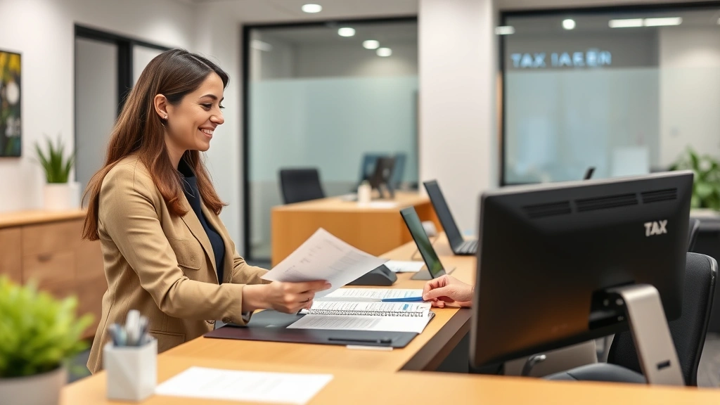 utah state tax refund status - 
Customer service representative at desk helping client with tax documents, frie