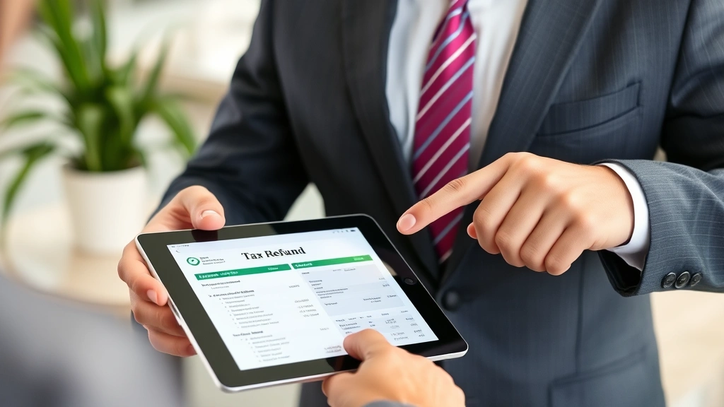 utah tax refund - 
Professional financial advisor in suit pointing at tax refund information on ta