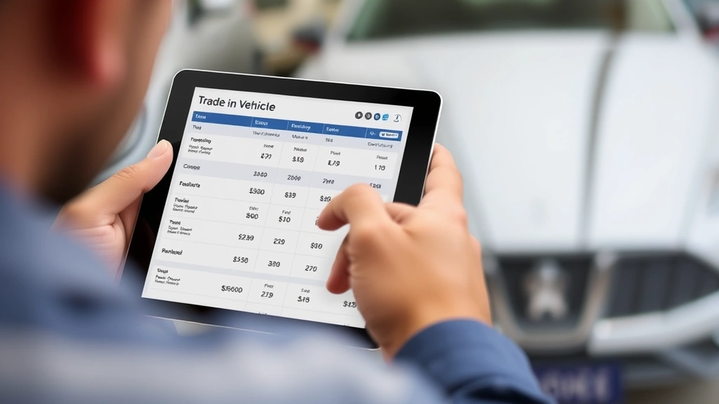 utah vehicle sales tax - 
Person comparing vehicle prices on tablet with trade-in vehicle visible in back