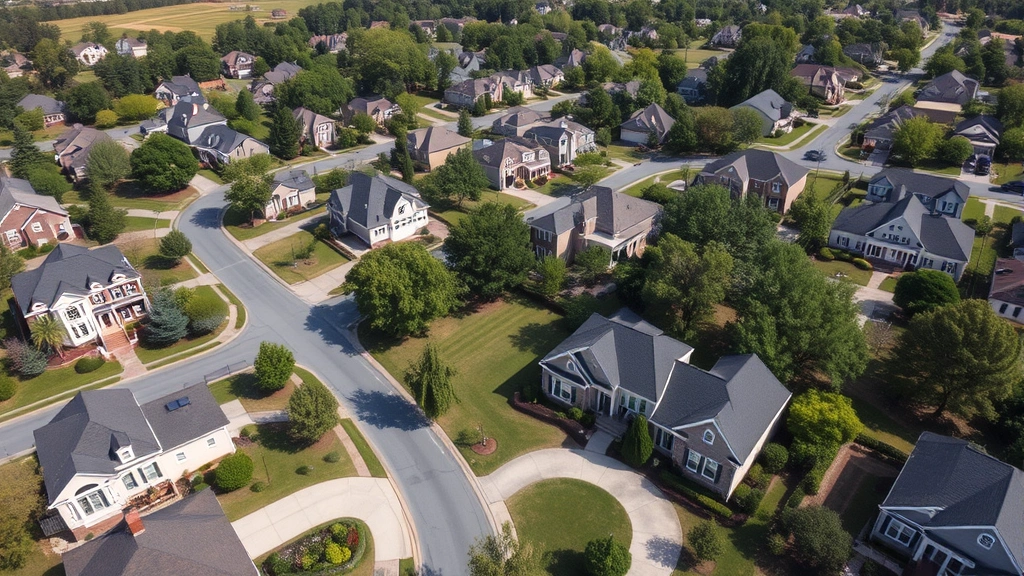 valorem tax in ga - 
Aerial view of suburban Georgia neighborhood with diverse homes and manicured l