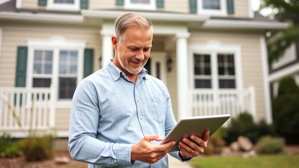 valorem tax in ga - 
Male homeowner standing in front of house reviewing tablet with property valuat