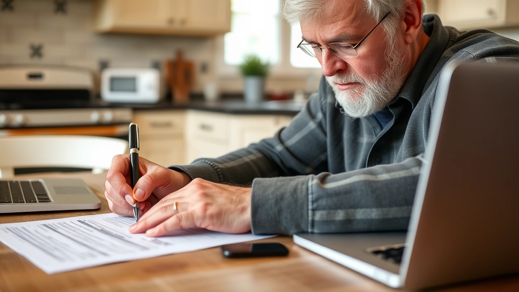 vance county tax office - 
Homeowner signing property tax payment form with pen at kitchen table with lapt