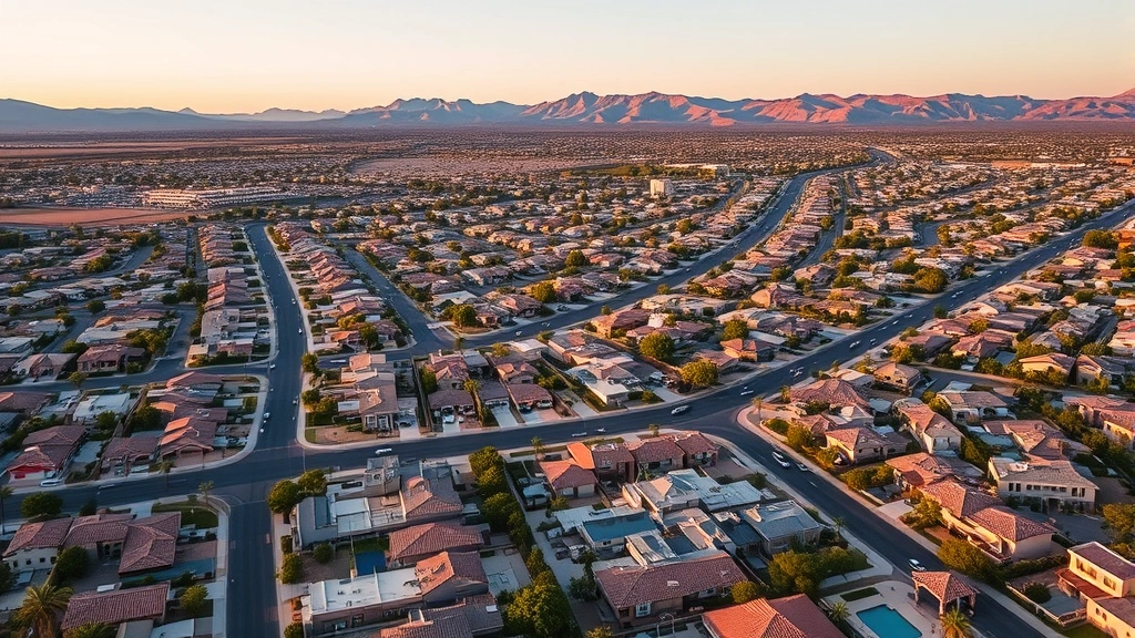 vegas property tax - 
Aerial view of Las Vegas residential neighborhood with homes and properties, sh