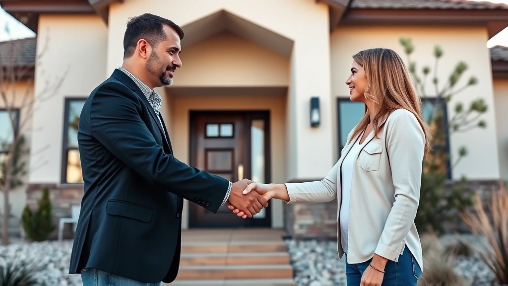 vegas property tax - 
Handshake between real estate professional and homeowner in front of modern Nev
