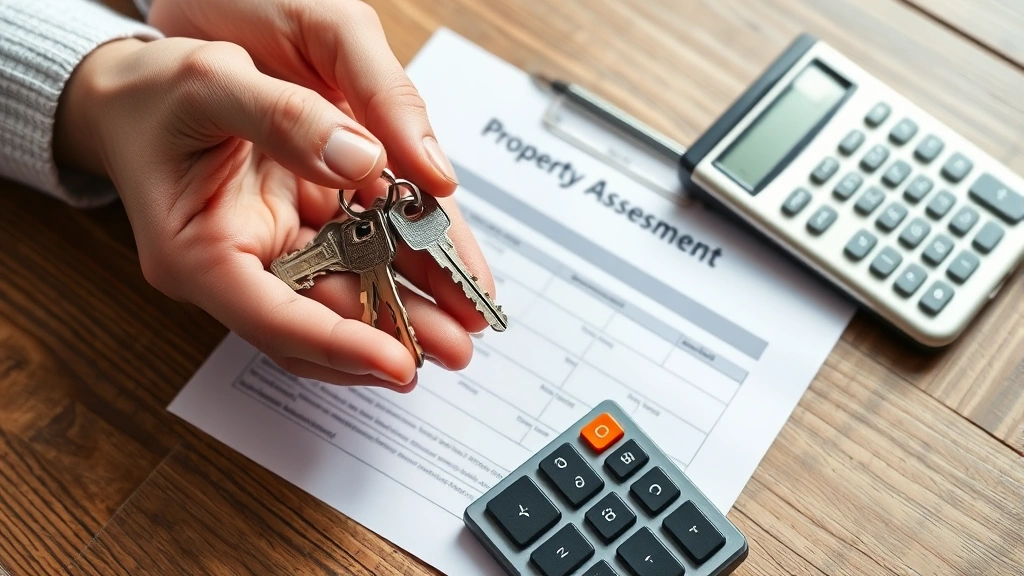 ventura property tax - 
Close-up of hands holding house keys with property assessment notice and calcul