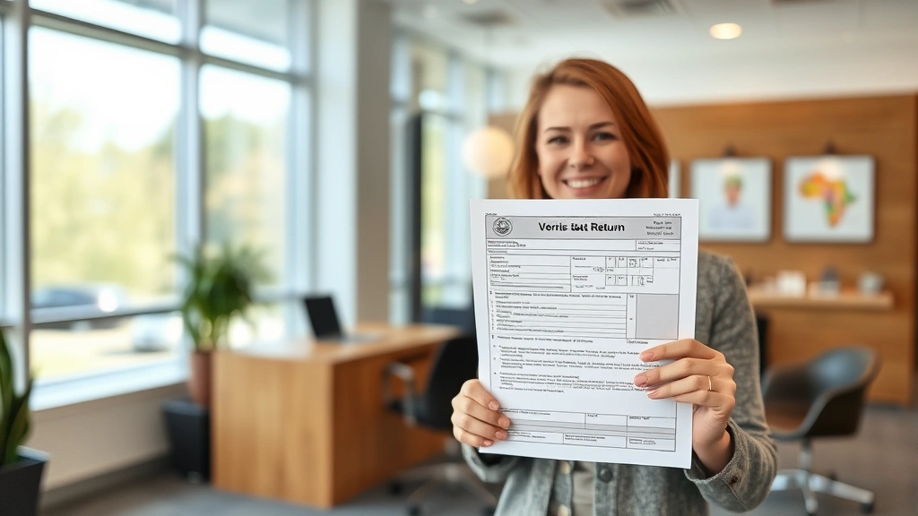 vermont income tax - 
Modern office setting with person holding Vermont state tax return paperwork
