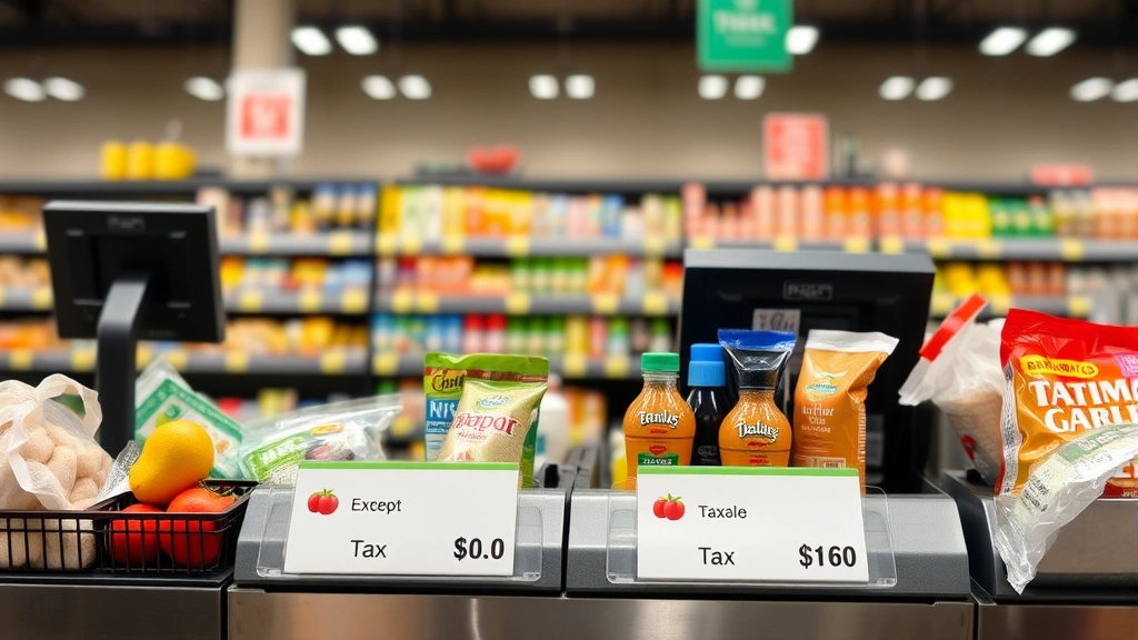 virginia state sales tax rate - 
Grocery store checkout counter with various items showing tax-exempt and taxabl