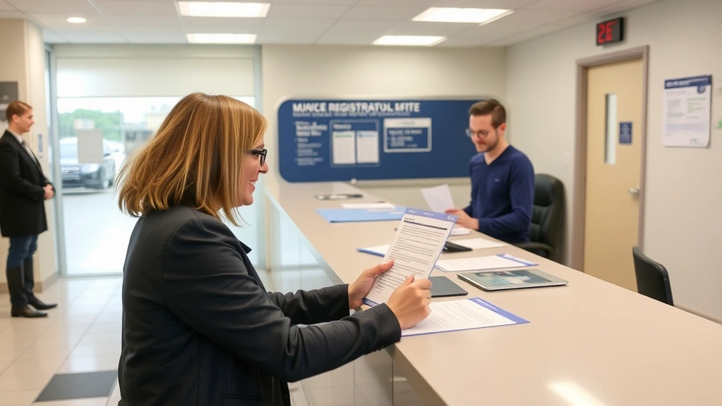 wa state excise tax - 
Person signing vehicle registration paperwork at DMV office with friendly staff