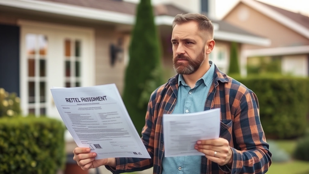 warren county property tax - 
Homeowner holding property assessment notice with concerned expression in resid