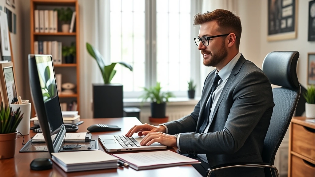 waterbury ct taxes - 
Business owner at desk with laptop, notebook, and business records, home office