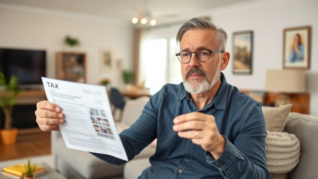 waukesha county property taxes - 
Homeowner holding property tax bill with concerned expression in living room of