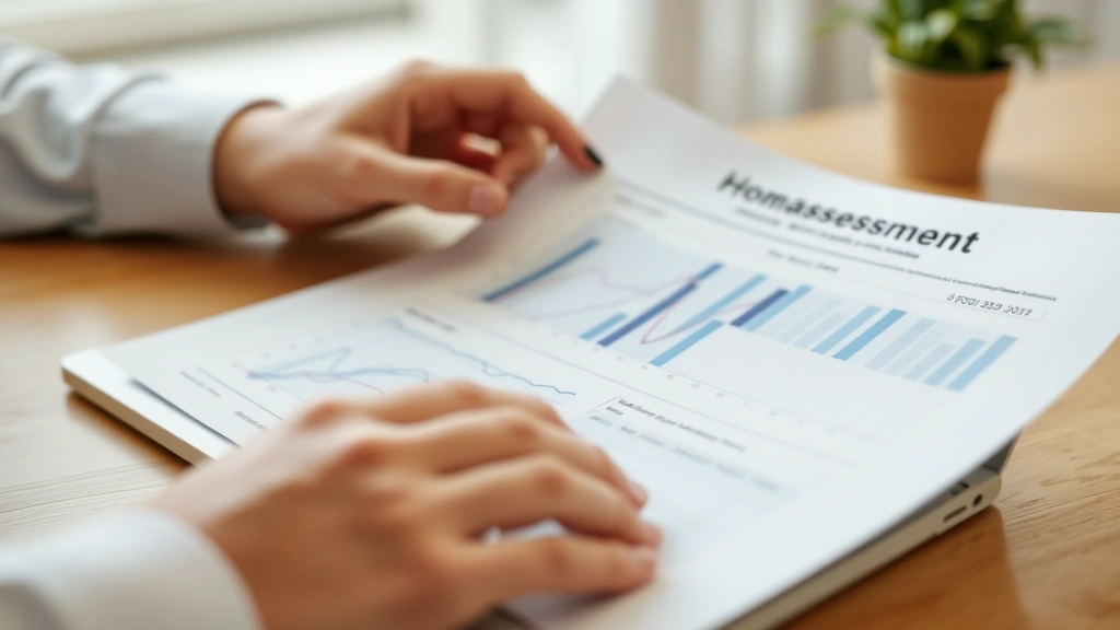 waukesha county property taxes - 
Close-up of hands reviewing home assessment paperwork with laptop showing prope