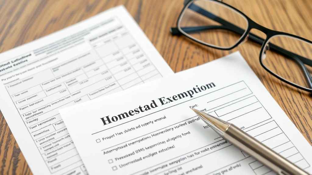 waukesha county real estate taxes - 
Close-up of property tax bill and homestead exemption form on wooden table with