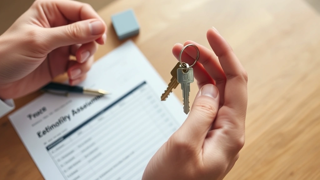 waukesha property tax - 
Close-up of hands holding a house key with property assessment form visible on 