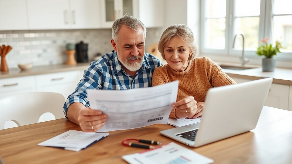 wayne county property tax - 
Homeowner couple reviewing property tax bill and financial statements at kitche