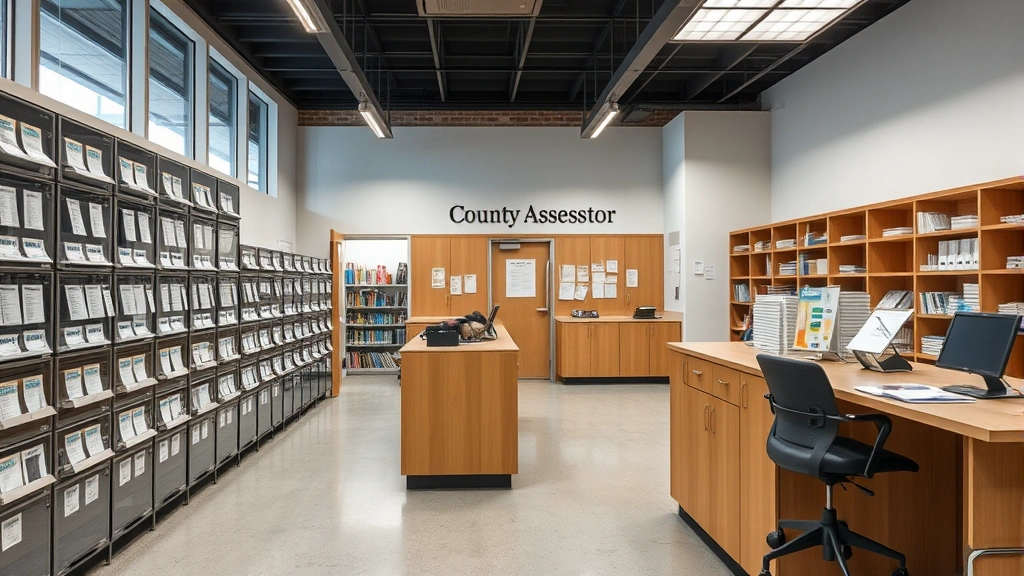 wayne county tax map - 
Modern county assessor office interior with organized filing system and public 
