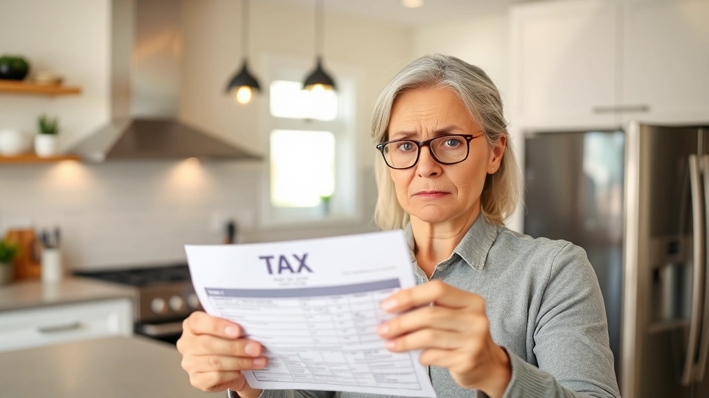 what are ad valorem taxes - 
Homeowner holding property tax bill with concerned expression, modern kitchen b