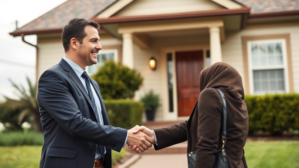 what are ad valorem taxes - 
Business professional in suit shaking hands with homeowner in front of house, r