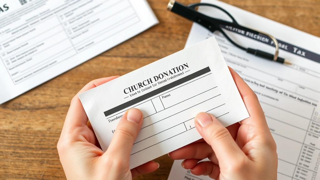 what are church tithes in taxes - 
Close-up of hands holding church donation envelope with tax forms and itemized 