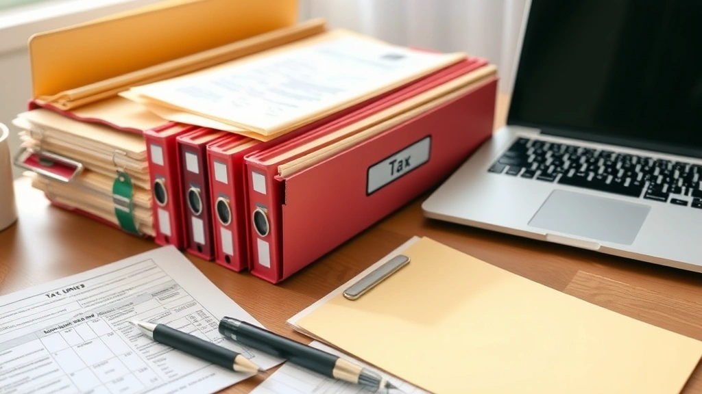 what is a schedule 1 tax form -
Organized file folders and tax documents on a desk with a laptop, showing recor