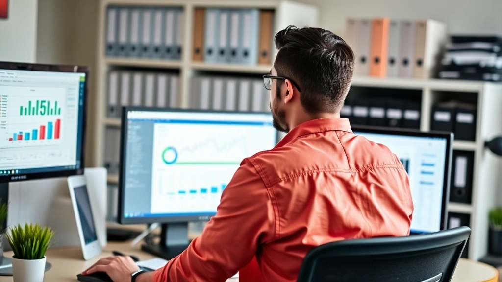 what is the best ai accounting software for taxes - 
Person at desk with multiple monitors displaying accounting software interface,