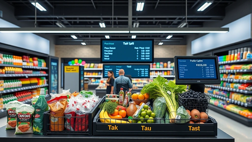 what is the sales tax in los angeles - 
Modern grocery store checkout counter with items and digital display showing ta