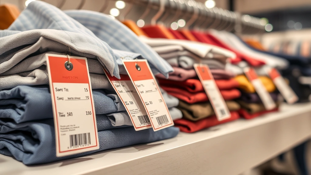 when is tax free weekend in ohio - 
Close-up of clothing price tags and folded shirts on retail shelf
