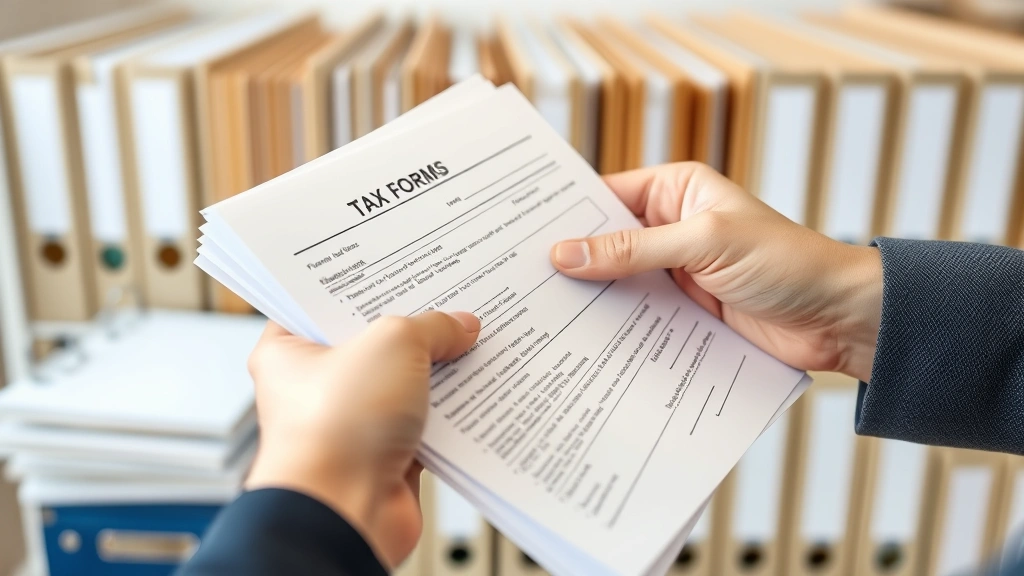 where is agi on tax return - 
Close-up of hands holding tax forms and documents, organized filing system in b