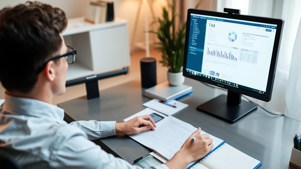 where is agi on tax return - 
Person sitting at computer reviewing tax software on screen, notebook and pen n