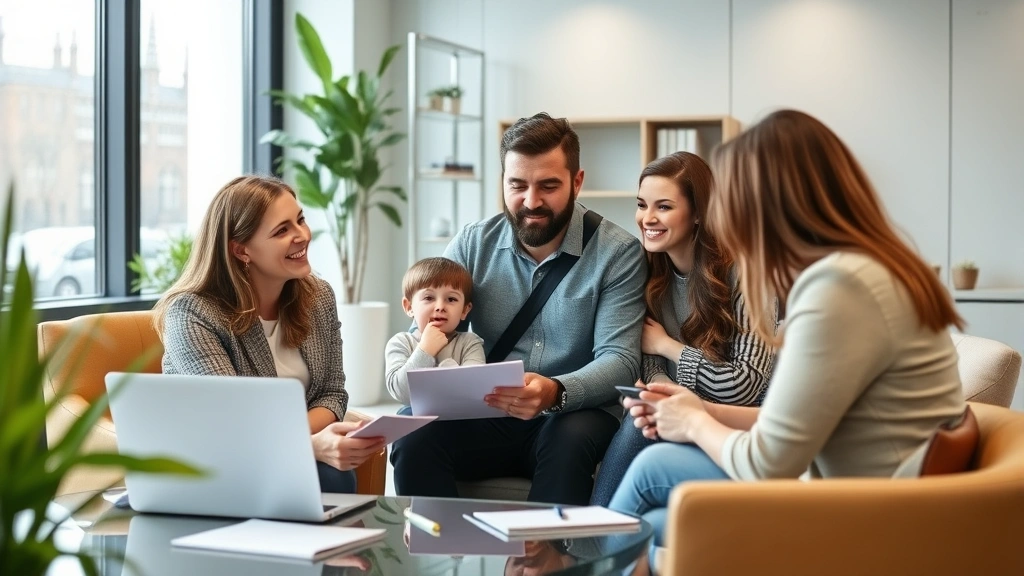 who claims child on taxes - 
Diverse family group (parents and child) meeting with tax advisor in contempora